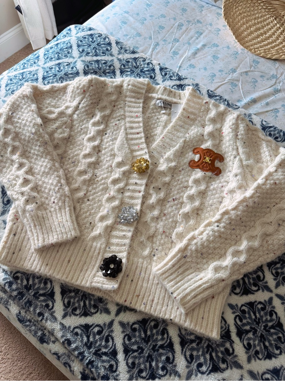 Celine Cream Cable Knit Cardigan with Jeweled Buttons